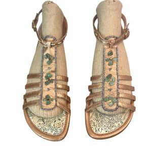 Kelsie Gold Metallic Green Stone Bead Embellished Flat Sandals 6.5